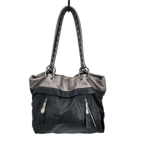 B. Makowsky Shoulder Bag Leather Black Silver Braided Slouchy Large Edgy Baddie - Picture 1 of 17